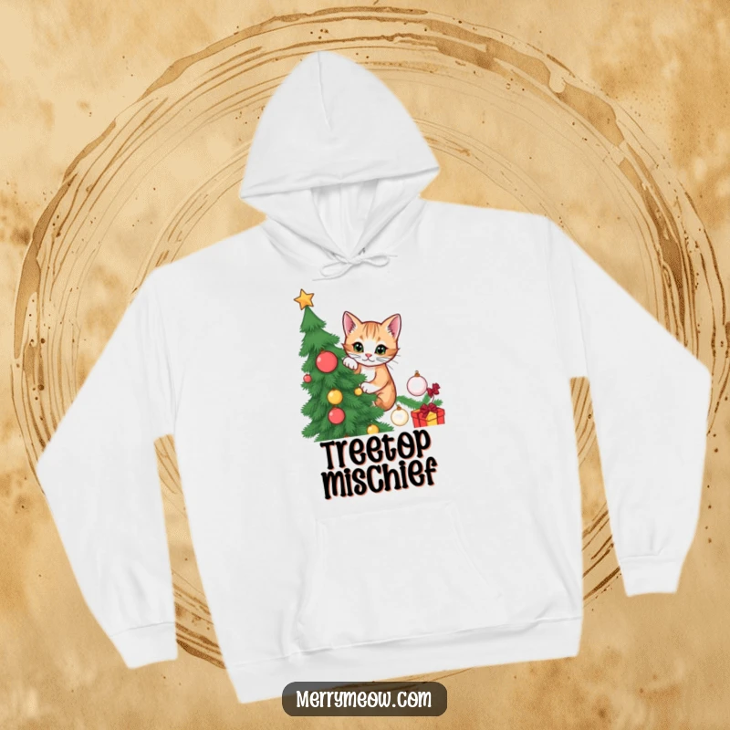 Funny hoodie depicting a mischievous cat climbing a Christmas tree, ideal for staying warm and celebrating holiday humor.