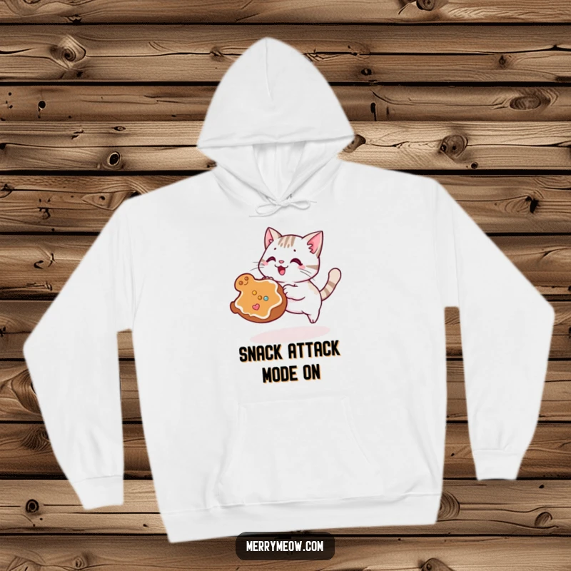Funny Kawaii Cat Hoodie depicting a cute cat aggressively pouncing on a rolling gingerbread cookie, ready for action.