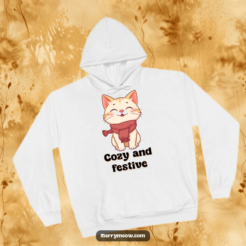 Funny hoodie featuring a giggling cat character dressed in a vibrant, festive scarf, radiating warmth and holiday mirth.
