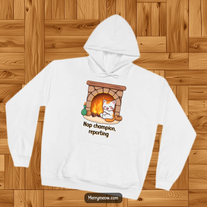 Funny hoodie graphic of a joyful cat character nestled by a glowing fireplace, embodying warmth, comfort, and peaceful slumber.