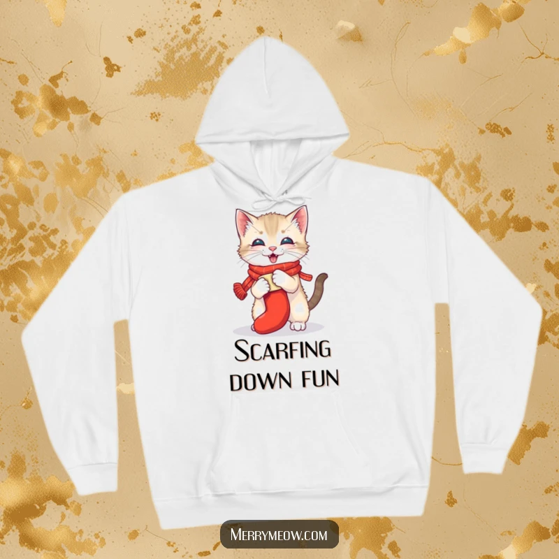 Funny hoodie with a playful kitten wearing a festive scarf, joyfully wrestling a rolled-up stocking, perfect for holiday comfort and humor, a fun gift.