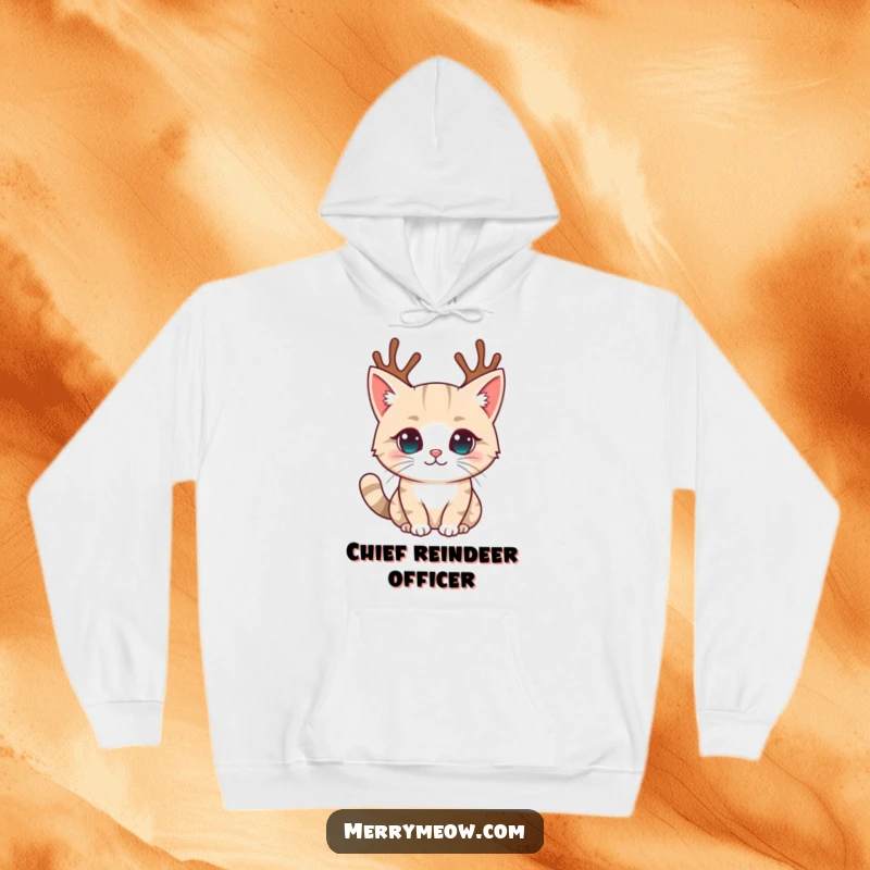 Funny hoodie depicting a charming cat character wearing miniature reindeer antlers, looking festive and ready for the holidays with a touch of whimsy.