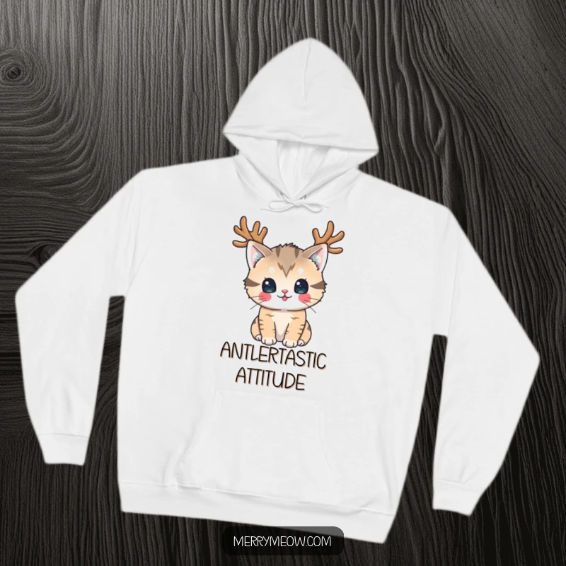 Funny Hoodie: A cat adorned with reindeer antlers looks playfully at the viewer, exuding hilarious holiday cheer.