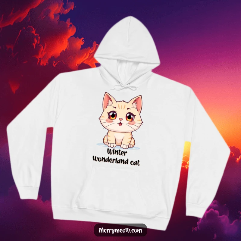 Funny hoodie featuring a cat character with wide, amazed eyes gazing at falling snow, perfect for cozy winter enjoyment.