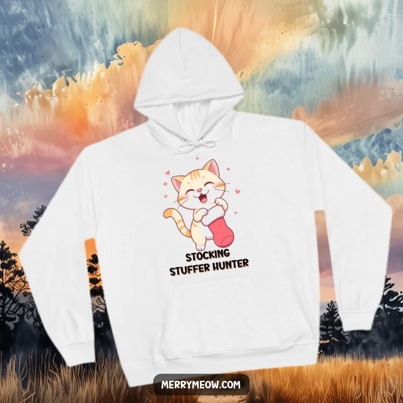 Funny hoodie depicting a cat character joyfully batting at a dangling Christmas stocking, embodying playful holiday spirit and cozy comfort.