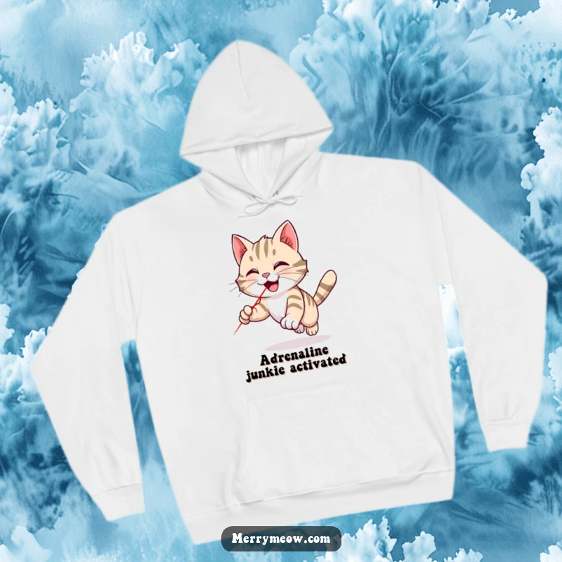 Funny tabby cat hoodie depicting a cat in mid-chase after a bright red laser dot, embodying playful energy and humorous determination.