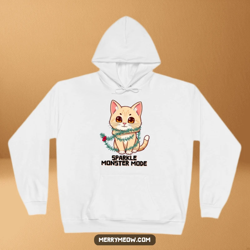 Funny hoodie featuring a cat character humorously tangled in shiny festive tinsel, perfect for cozy, hilarious holiday wear.