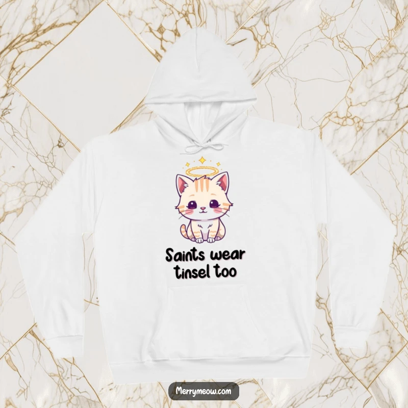 Funny hoodie print of a sacred cat wearing a festive tinsel halo, offering cozy warmth and a touch of heavenly humor.