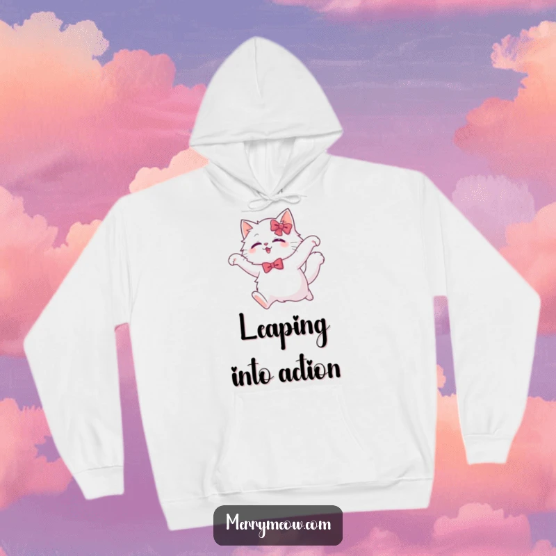 Funny white cat hoodie featuring a fluffy cat in a festive bow, executing a beautiful, graceful leap with poise and charm.
