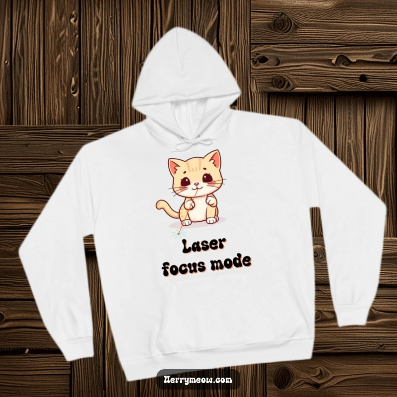 Funny kawaii cat playfully batting at a laser pointer dot on a snowflake, a cozy and amusing hoodie.