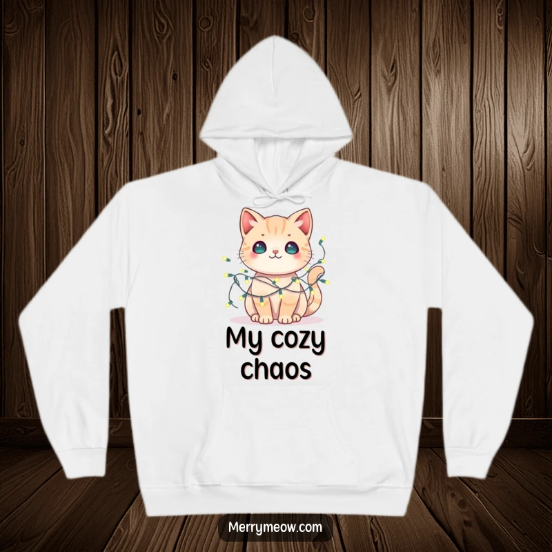Funny kawaii cat hoodie depicting a cat tangled in fairy lights, offering cozy charm and festive appeal.