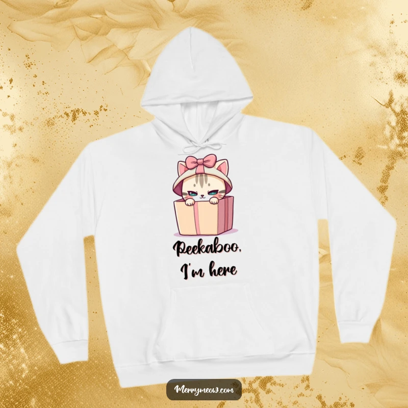 Funny hoodie showcasing a mischievous cat peeking out from a brightly wrapped gift box, embodying playful intrigue.