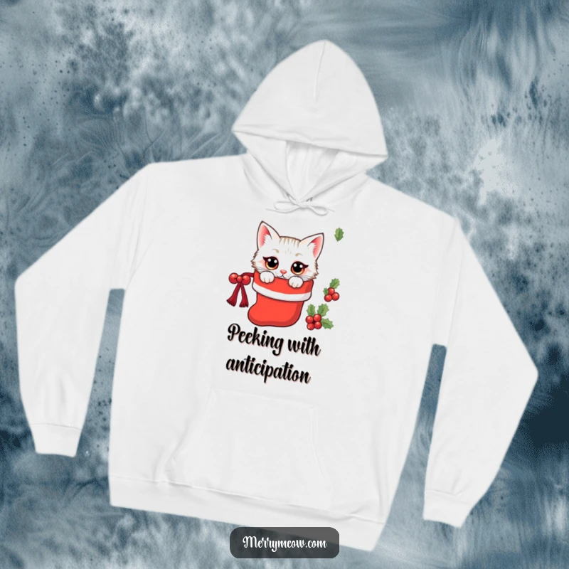Funny kawaii cat peeking from a Christmas stocking with wide eyes, a cozy and amusing hoodie.