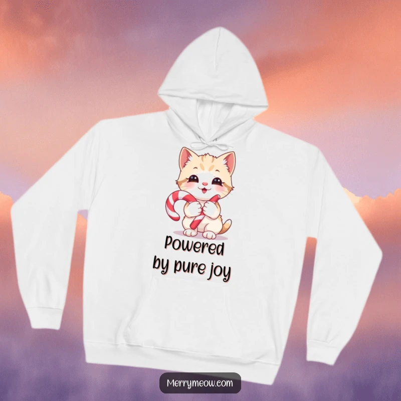 Funny Hoodie: A happy kitten with a candy cane, radiating glee and cozy holiday cheer, a perfect funny gift.