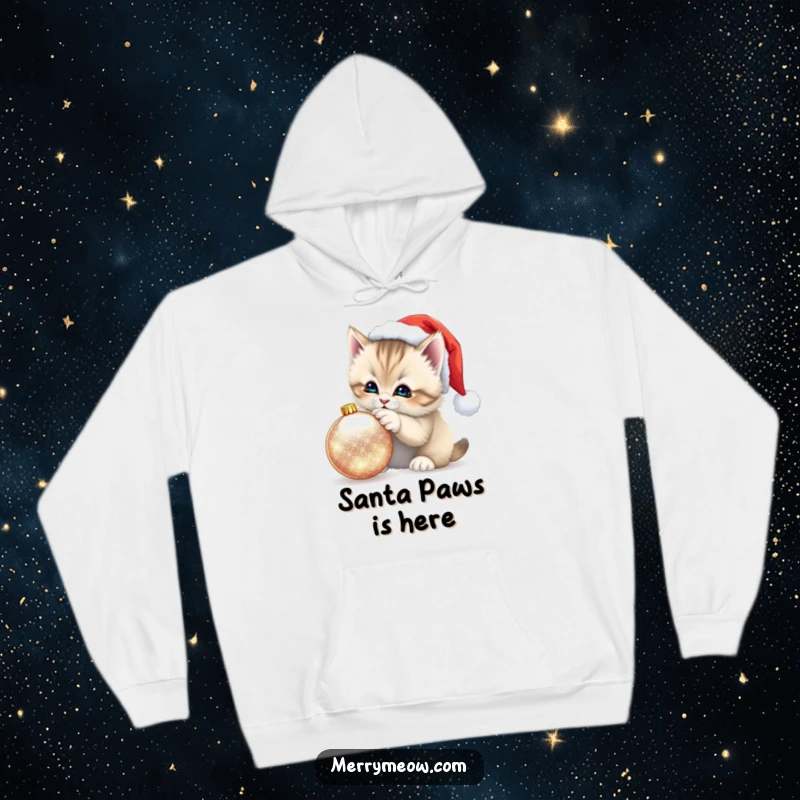 Funny Kitten Santa Hat Hoodie: Cozy hoodie with a fluffy kitten in a Santa hat playfully batting at a shimmering ornament, perfect for holidays.