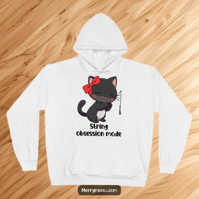 Funny Hoodie: A black cat with a bright red ribbon is pictured mid-bat at a dangling string, exuding hilarious energy.