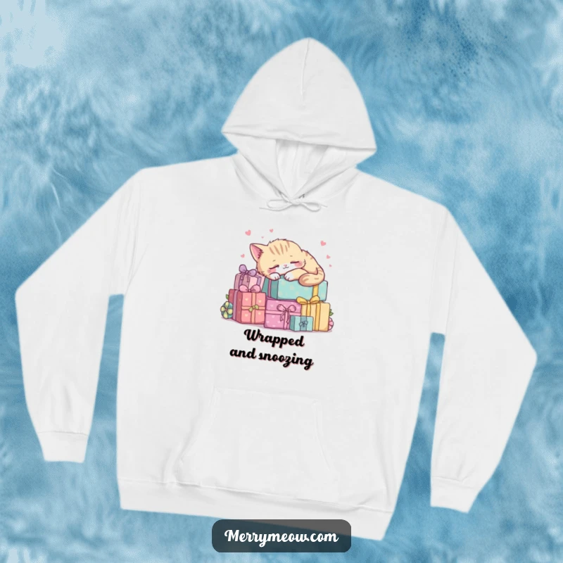 Funny kawaii cat peacefully napping on a large pile of wrapped presents, designed for maximum coziness.