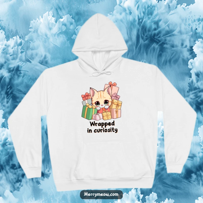 Funny hoodie with a curious cat peeking from holiday presents, offering warmth and humor.