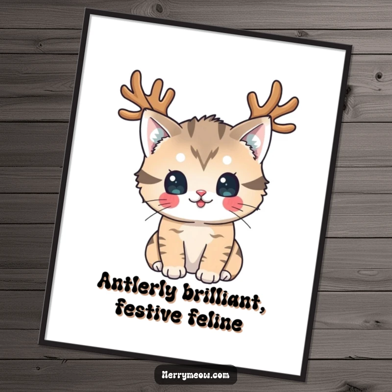 Funny Free Printable Wall Art: Cat wearing reindeer antlers, looking playfully, a festive and humorous piece of decor.