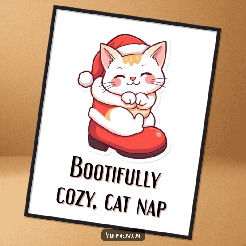 Funny free printable wall art capturing a contented cat snoozing inside a Santa boot, perfect for adding festive warmth.