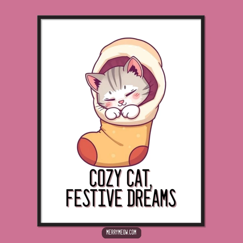 Free Printable Wall Art: Purring Cat Whimsical Stocking Funny Downloadable Decor