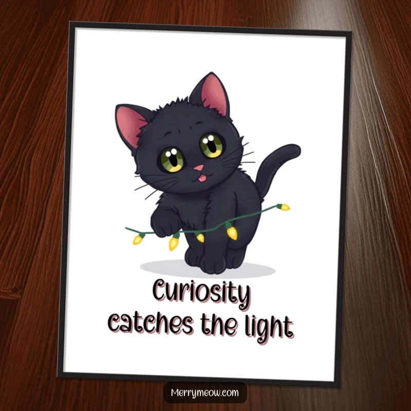 Funny Free Printable Wall Art: A black kitten with wide, curious eyes energetically pounces on a string of bright, twinkling lights.