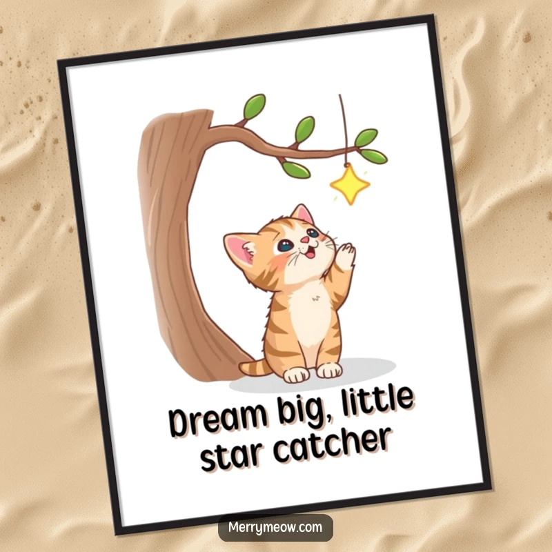 Funny Free Printable Wall Art: Playful tabby kitten jumping high to catch a sparkling star.