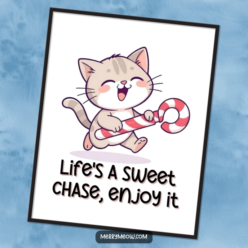 Funny Free Printable Wall Art: A cat gleefully chasing a rolling candy cane with playful energy.