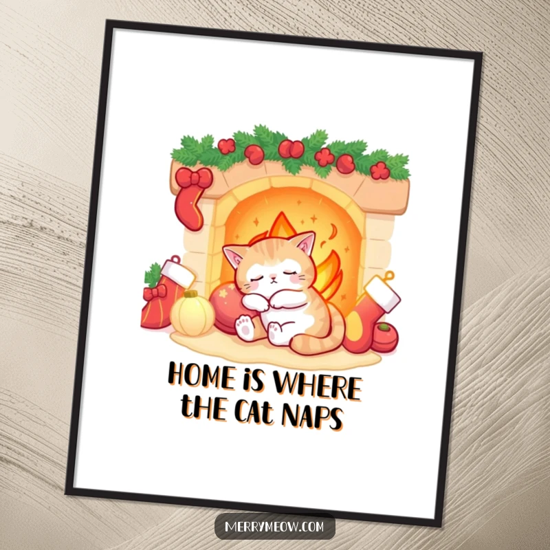 Funny Free Printable Wall Art: A sleepy cat character dozing by a warm fireplace, surrounded by stockings.
