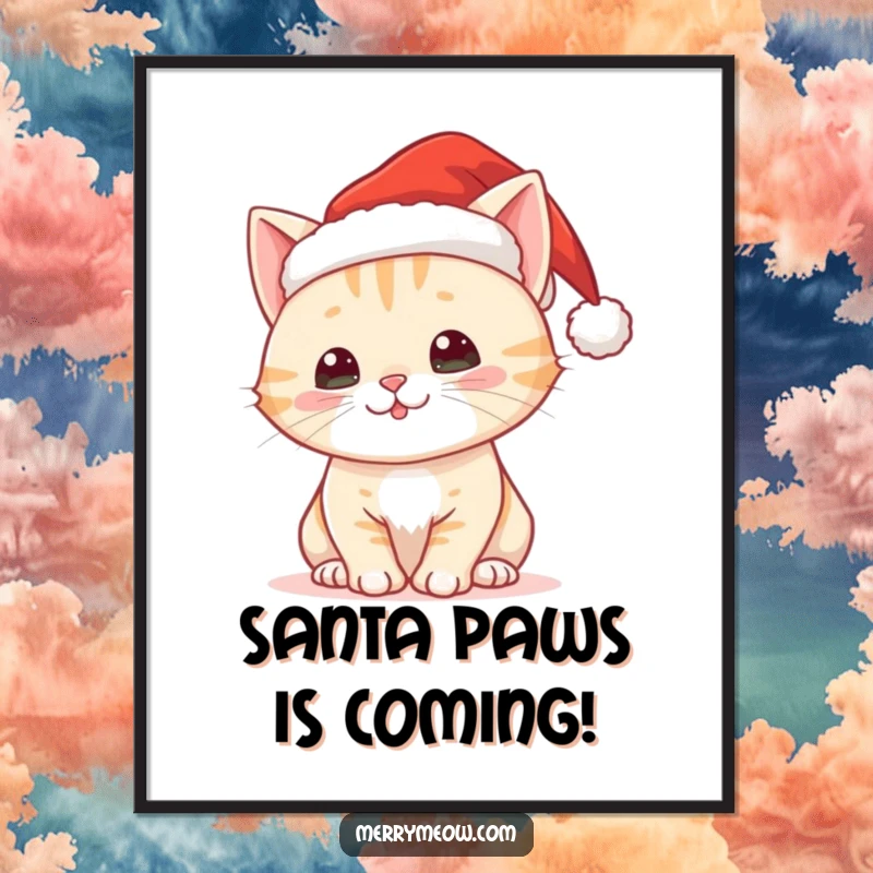 Funny Free Printable Wall Art: Cute cat wearing a tiny Santa hat, a festive and cheerful holiday decoration.