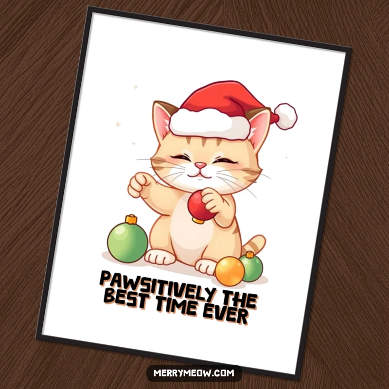 Funny Free Printable Wall Art: A festive cat in a Santa hat batting playfully at dangling Christmas ornaments, perfect holiday decor.