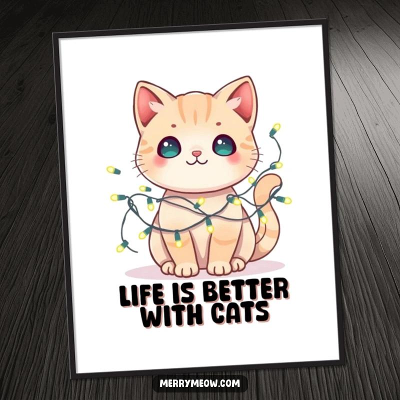 Funny Free Printable Wall Art: A cute kawaii cat hilariously tangled in a string of fairy lights, a whimsical decor piece.