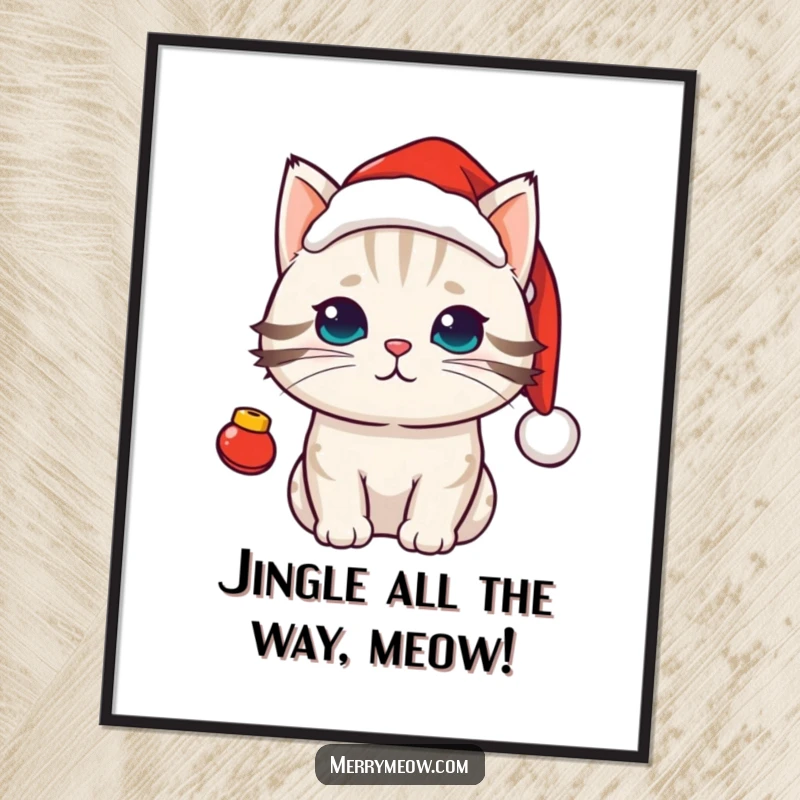 Funny Free Printable Kawaii Cat Wall Art, a cute cat in a festive Santa hat with jingling bells.