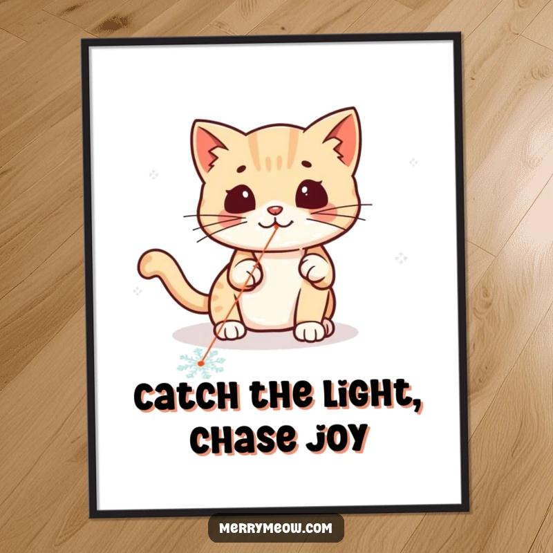 Funny Free Printable Kawaii Cat Wall Art, a lively cat chasing a bright laser pointer dot across a snowflake.