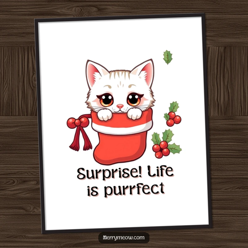 Funny Free Printable Kawaii Cat Wall Art, a cute cat with wide eyes peeking out of a Christmas stocking.