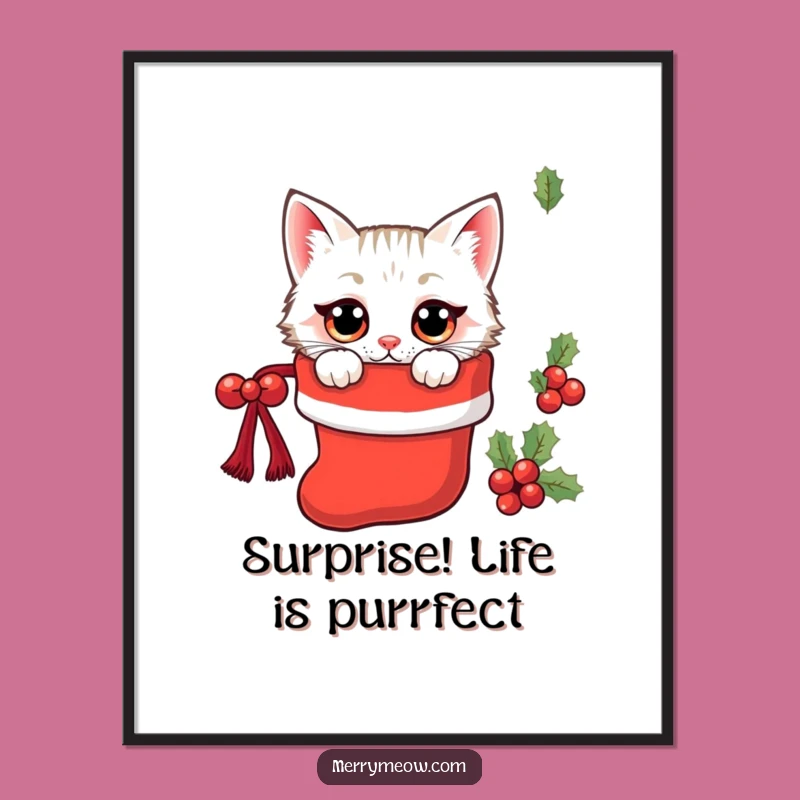 Free Printable Kawaii Cat Wall Art: Stocking Surprise Festive Downloadable Art