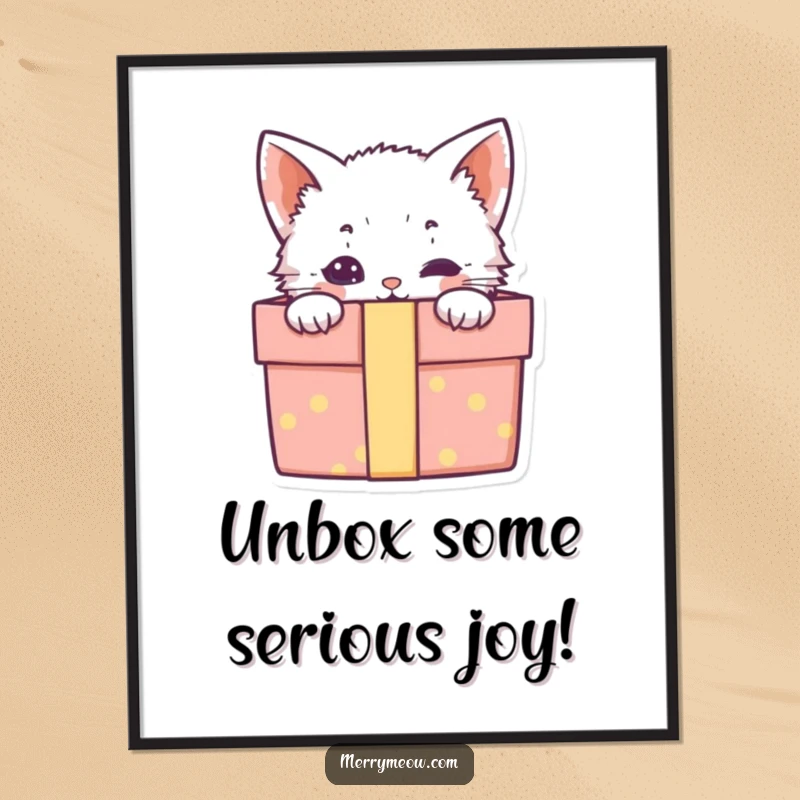 Free Printable Kitten Wall Art: A curious kitten peeks playfully from inside a decorated gift box.