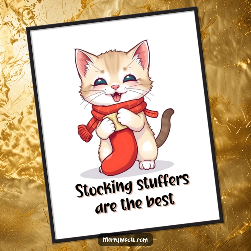 Funny Free Printable Wall Art: A lively kitten sporting a festive scarf joyfully battles a rolled-up stocking, capturing pure playful abandon.