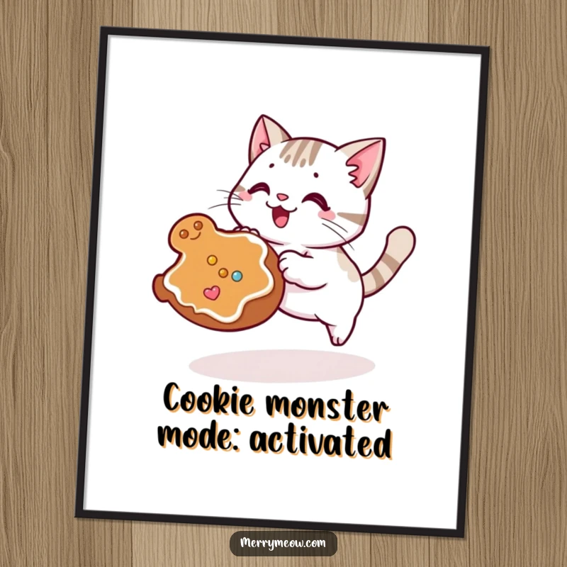 Funny free printable wall art, a kawaii cat excitedly pouncing on a rolling gingerbread cookie, depicting playful culinary adventure.