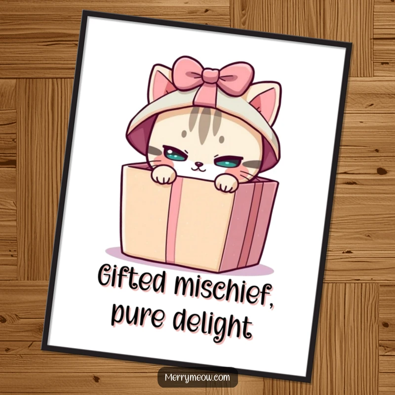 Funny free printable wall art of a mischievous cat character peeking from inside a brightly wrapped gift box, full of playful intrigue.