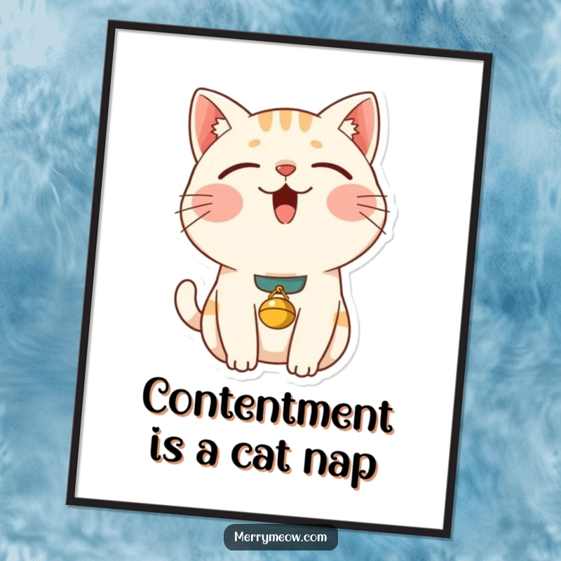 Funny Free Printable Wall Art: a serene content cat purring with eyes closed, distinguished by a tiny bell collar.