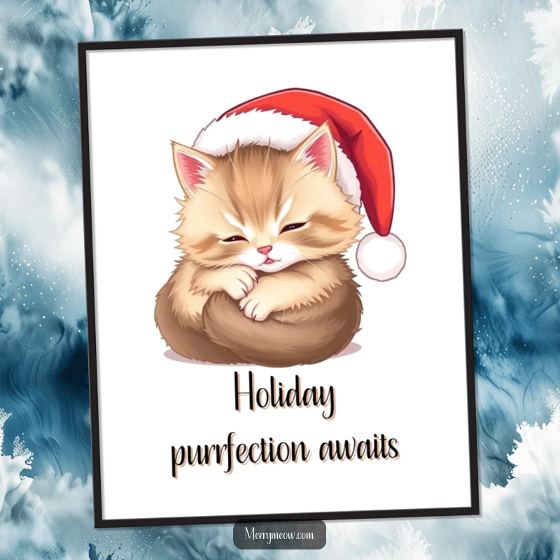 Funny Free Printable Wall Art: A fluffy kitten comfortably sleeping inside a miniature Santa hat.