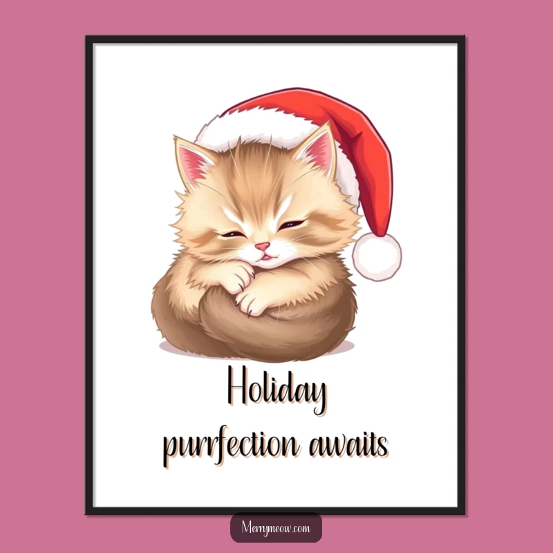 Free Printable Wall Art: Cozy Kitten Santa Hat, Whimsical Downloadable Holiday Decor
