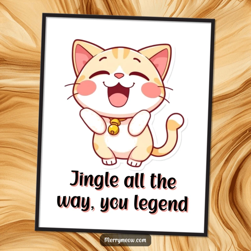 Funny Free Printable Wall Art: Excited cat with a bell on its tail, ready to add a playful jingle to your room.