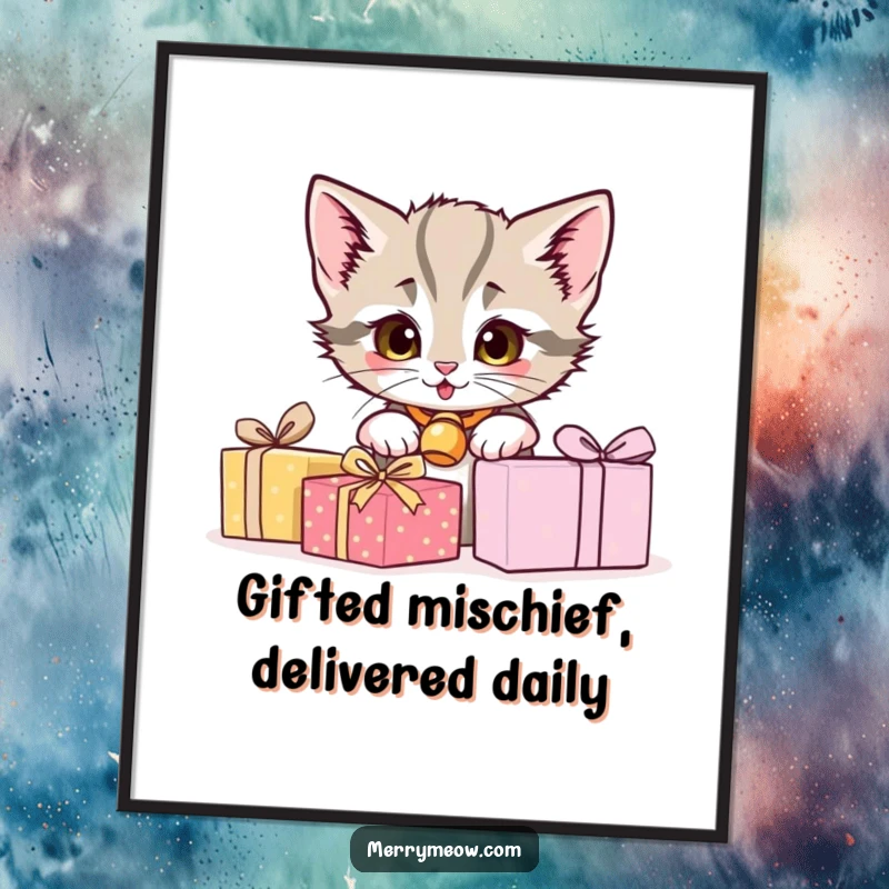 Funny Free Printable Wall Art: A mischievous kitten wearing a bell collar peeks from behind a pile of presents, adding playful charm.