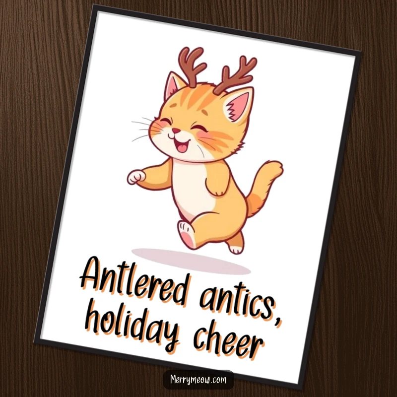 Funny Free Printable Wall Art: A ginger kitten wearing tiny reindeer antlers chases its tail with pure, unadulterated glee.