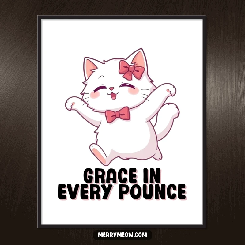 Funny Free Printable Wall Art: a fluffy white cat wearing a festive bow, caught in a moment of graceful flight.