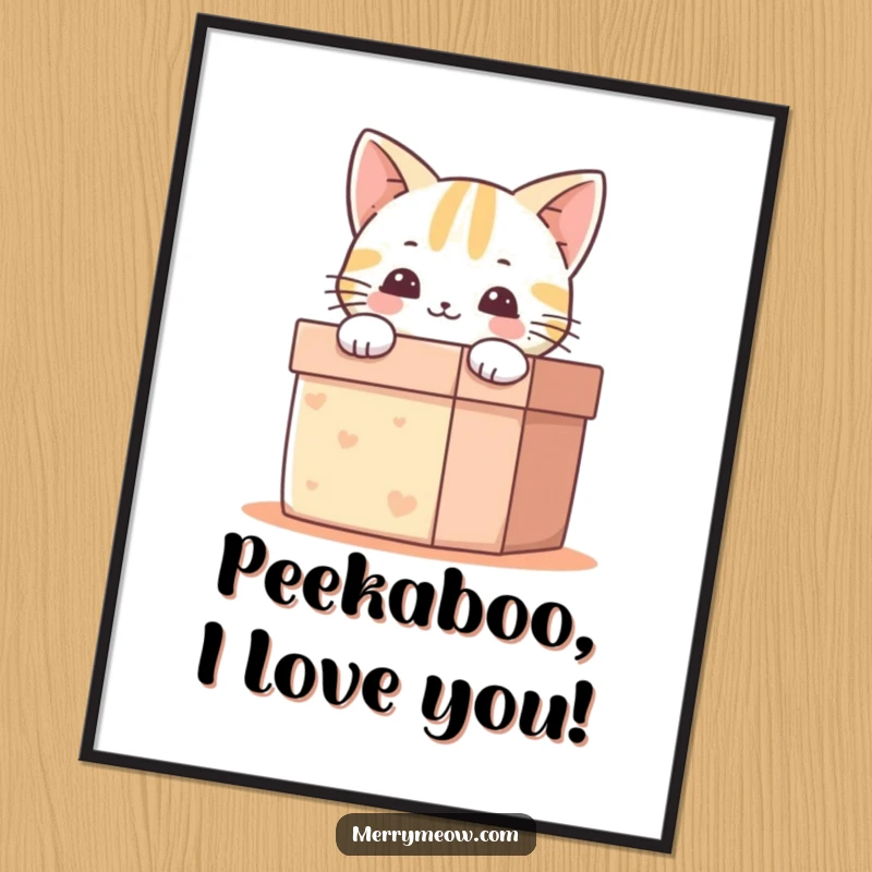 Funny Free Printable Wall Art: Happy cat peeking out of a gift box, bringing a dose of joy and cuteness.