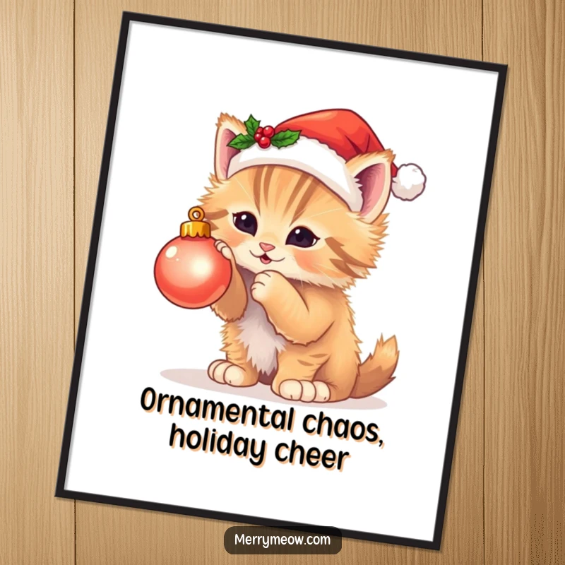 Funny free printable wall art of a fluffy kitten wearing a tiny Santa hat, playfully batting at a twinkling Christmas ornament. Festive and cute.