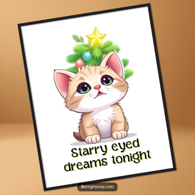 Funny Free Printable Wall Art: A kitten with wide, mesmerized eyes looking up at a sparkling Christmas star.